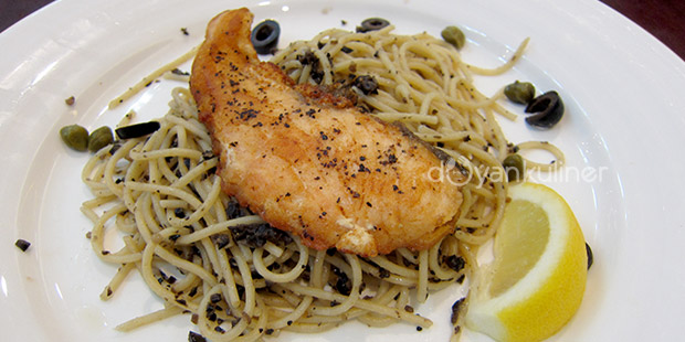 Salmon Steak With Black Olive Pesto Spaghetti